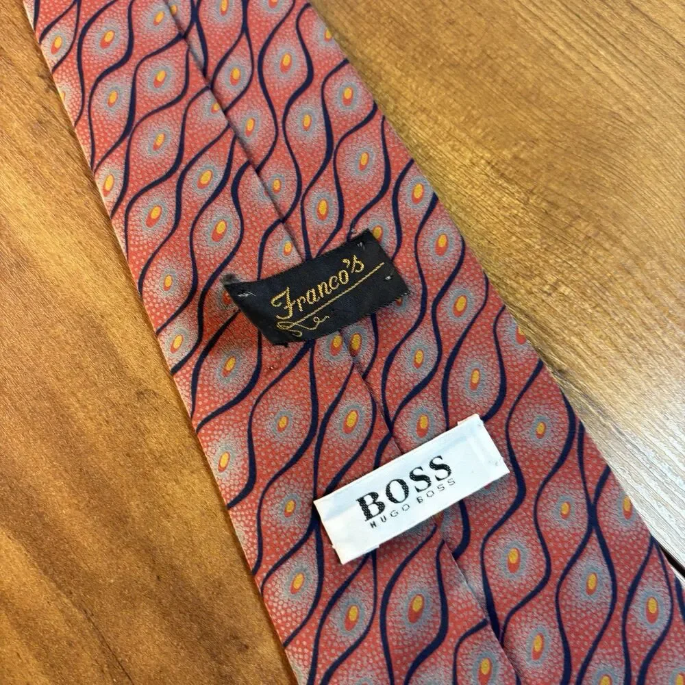 VTG Hugo Boss x Franco's Men's Necktie Coral Red Wave Geometric 100% Silk Italy